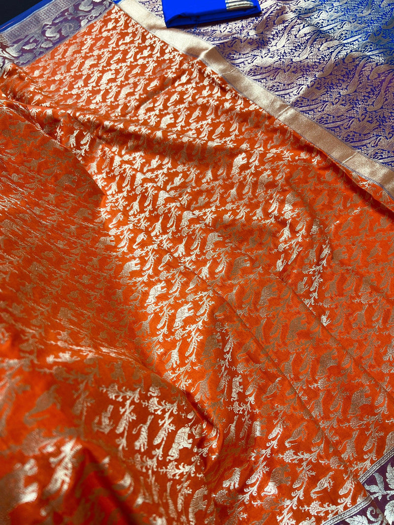 Orange with Purple and Blue Color combination Banarasi Silk Shikargah Saree in Zari Weave Work | Shikargah Sarees | Kaash Collection - Kaash