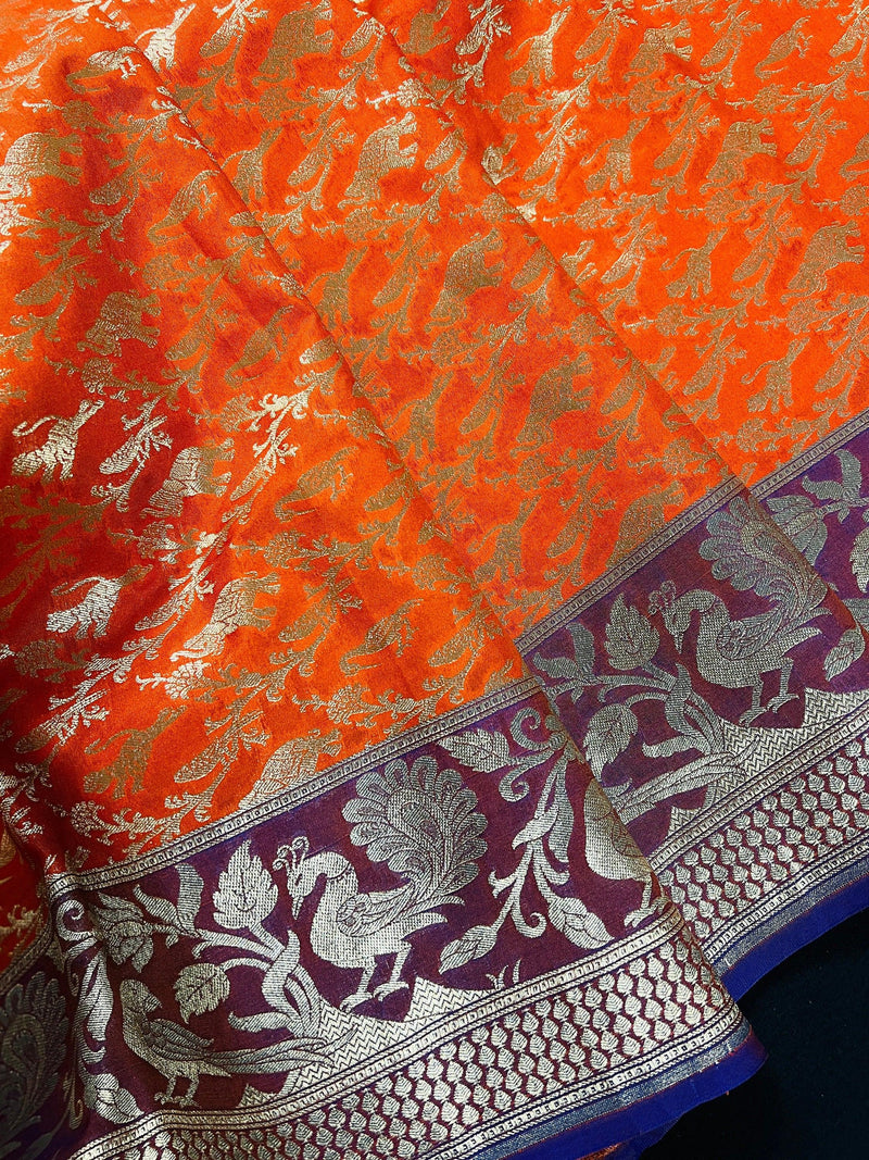 Orange with Purple and Blue Color combination Banarasi Silk Shikargah Saree in Zari Weave Work | Shikargah Sarees | Kaash Collection - Kaash