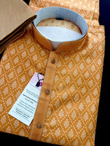 Orangish Yellow men's kurta pajama in banarasi silk with banarasi silk weave (no lining) — Kaash Collection
