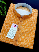Orangish Yellow men's kurta pajama in banarasi silk with banarasi silk weave (no lining) — Kaash Collection