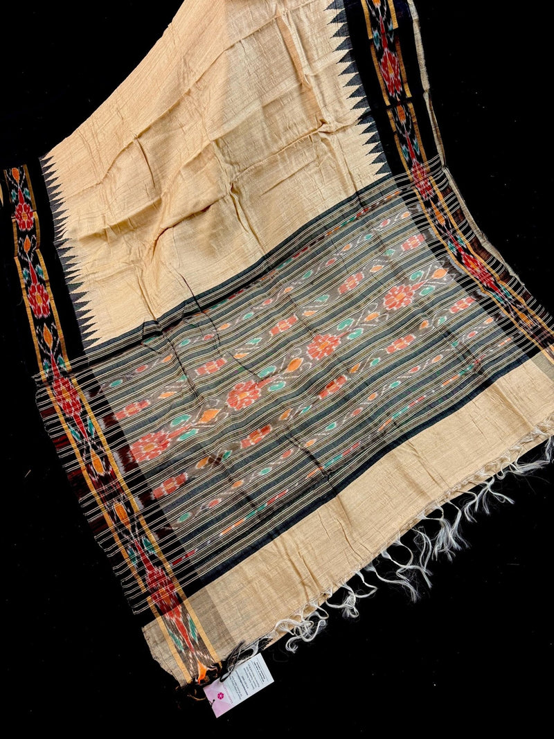 Organic Beige Pure Tussar Silk Saree with Black Ikkat Pattern, Silk Mark Certified - Kaash