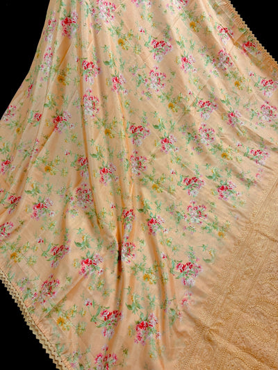 Pale Peach Color Floral Print Saree with Lucknowi Embroidery and Crochet Lace Work - Kaash