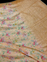 Pale Peach Color Floral Print Saree with Lucknowi Embroidery and Crochet Lace Work - Kaash