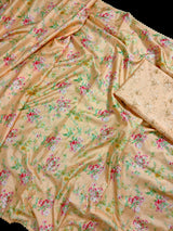 Pale Peach Color Floral Print Saree with Lucknowi Embroidery and Crochet Lace Work - Kaash