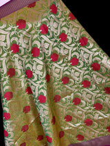 Parrot Green Color Floral Jaal Banarasi Silk Dupatta - Kaash