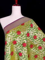 Parrot Green Color Floral Jaal Banarasi Silk Dupatta | Meenkari Red Color Flowers with Grand Borders | Floral Dupatta | Benarasi Dupatta - Kaash