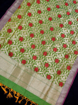 Parrot Green Color Floral Jaal Banarasi Silk Dupatta | Meenkari Red Color Flowers with Grand Borders | Floral Dupatta | Benarasi Dupatta - Kaash