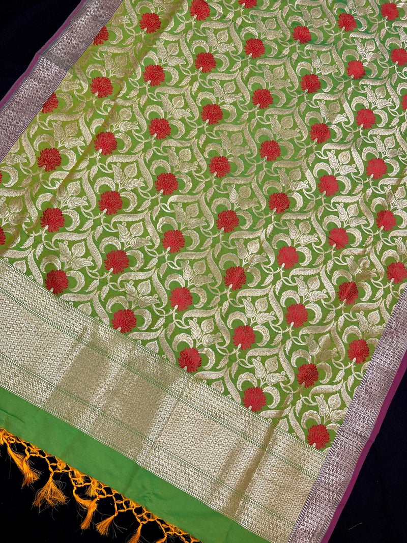 Parrot Green Color Floral Jaal Banarasi Silk Dupatta | Meenkari Red Color Flowers with Grand Borders | Floral Dupatta | Benarasi Dupatta - Kaash