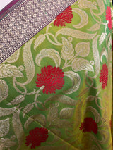 Parrot Green Color Floral Jaal Banarasi Silk Dupatta | Meenkari Red Color Flowers with Grand Borders | Floral Dupatta | Benarasi Dupatta - Kaash