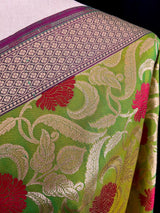 Parrot Green Color Floral Jaal Banarasi Silk Dupatta | Meenkari Red Color Flowers with Grand Borders | Floral Dupatta | Benarasi Dupatta - Kaash