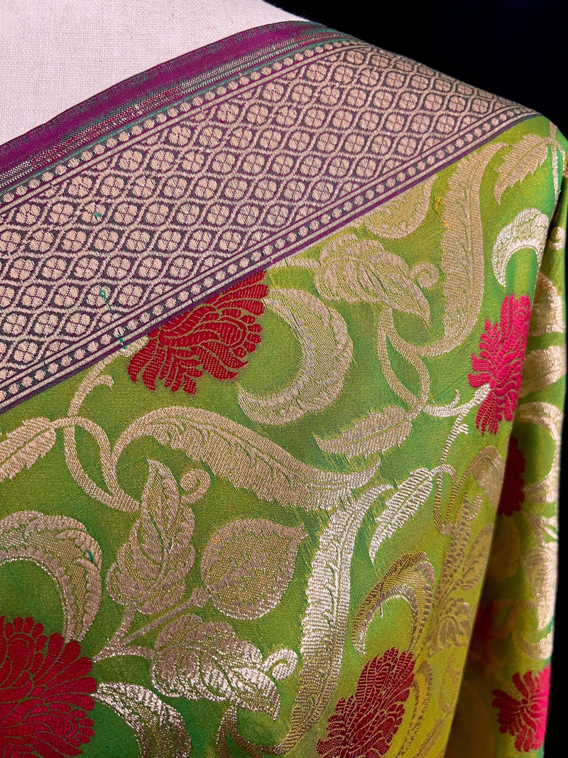Parrot Green Color Floral Jaal Banarasi Silk Dupatta | Meenkari Red Color Flowers with Grand Borders | Floral Dupatta | Benarasi Dupatta - Kaash