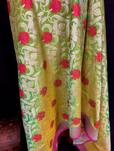 Parrot Green Color Floral Jaal Banarasi Silk Dupatta | Meenkari Red Color Flowers with Grand Borders | Floral Dupatta | Benarasi Dupatta - Kaash