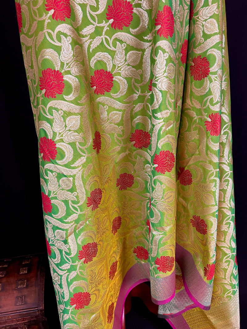 Parrot Green Color Floral Jaal Banarasi Silk Dupatta | Meenkari Red Color Flowers with Grand Borders | Floral Dupatta | Benarasi Dupatta - Kaash