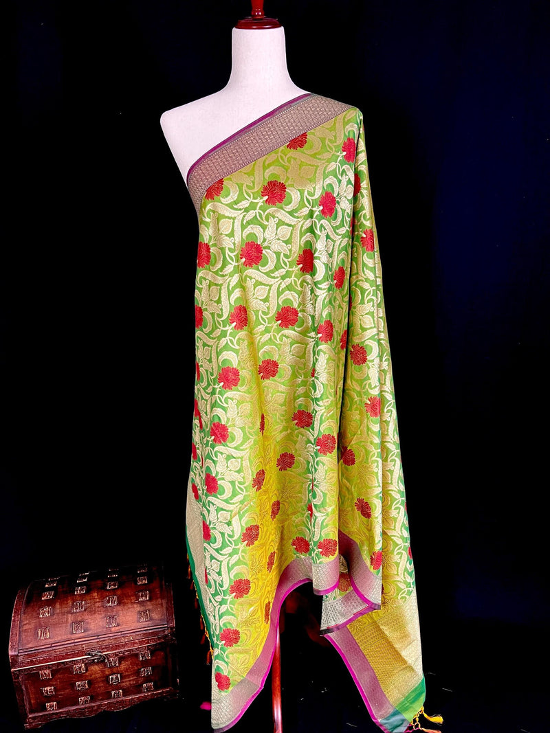 Parrot Green Color Floral Jaal Banarasi Silk Dupatta | Meenkari Red Color Flowers with Grand Borders | Floral Dupatta | Benarasi Dupatta - Kaash