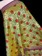 Parrot Green Color Floral Jaal Banarasi Silk Dupatta | Meenkari Red Color Flowers with Grand Borders | Floral Dupatta | Benarasi Dupatta - Kaash