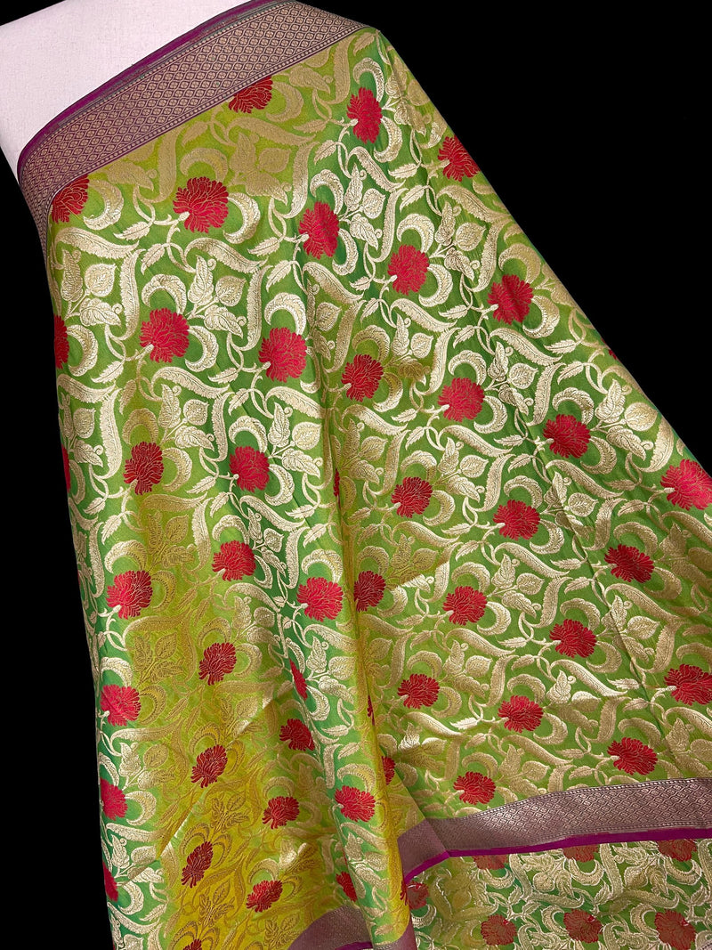 Parrot Green Color Floral Jaal Banarasi Silk Dupatta | Meenkari Red Color Flowers with Grand Borders | Floral Dupatta | Benarasi Dupatta - Kaash