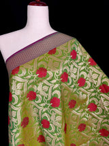 Parrot Green Color Floral Jaal Banarasi Silk Dupatta | Meenkari Red Color Flowers with Grand Borders | Floral Dupatta | Benarasi Dupatta - Kaash