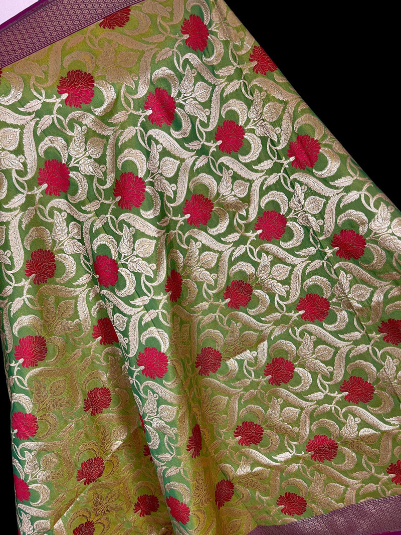 Parrot Green Color Floral Jaal Banarasi Silk Dupatta | Meenkari Red Color Flowers with Grand Borders | Floral Dupatta | Benarasi Dupatta - Kaash