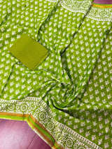 Parrot Green Color Hand Block Print Pure Cotton Saree with Zari Borders - Kaash