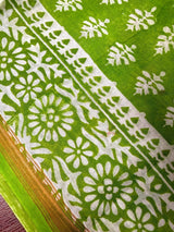 Parrot Green Color Hand Block Print Pure Cotton Saree with Zari Borders - Kaash