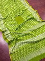 Parrot Green Color Hand Block Print Pure Cotton Saree with Zari Borders - Kaash