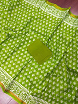 Parrot Green Color Hand Block Print Pure Cotton Saree with Zari Borders - Kaash