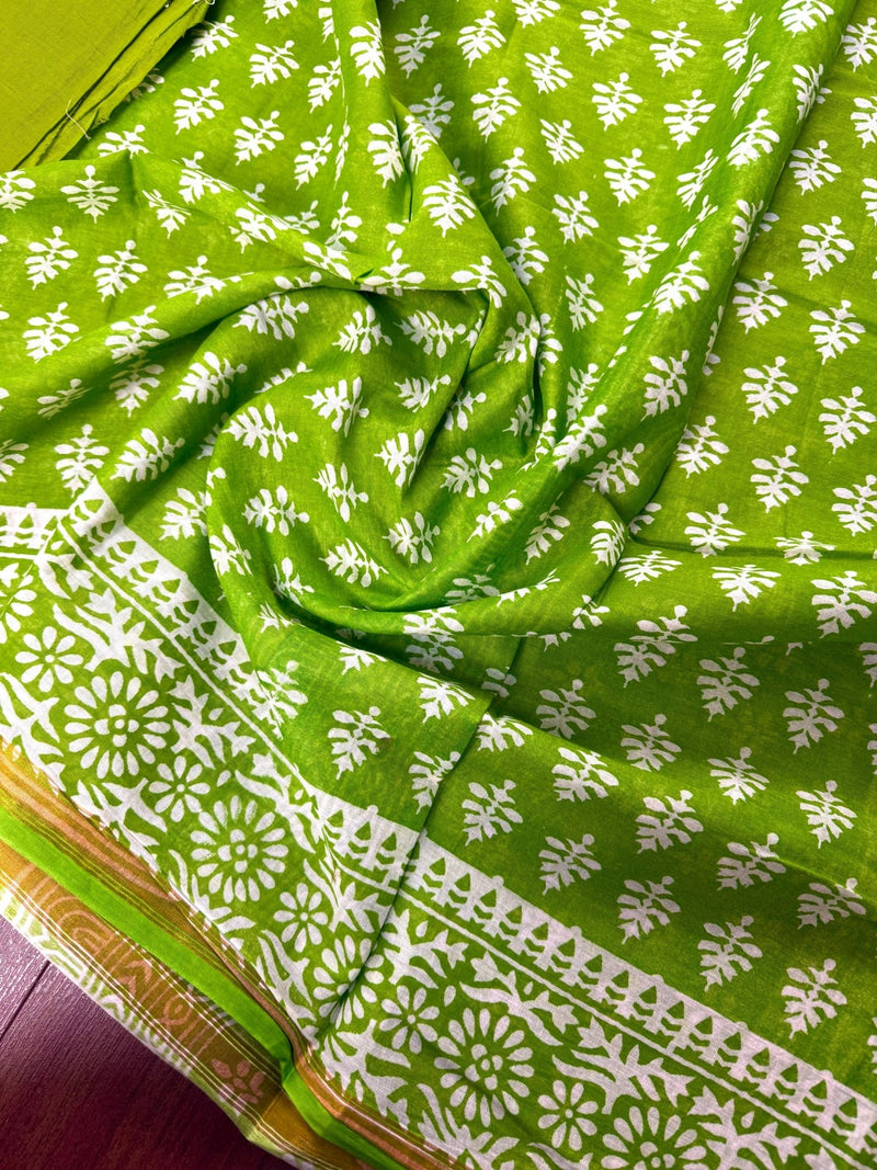 Parrot Green Color Hand Block Print Pure Cotton Saree with Zari Borders - Kaash