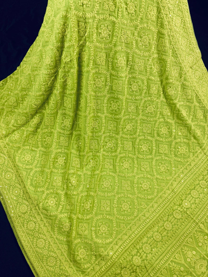 Parrot Green pure georgette saree with chikankari & sequin work — Kaash Collection