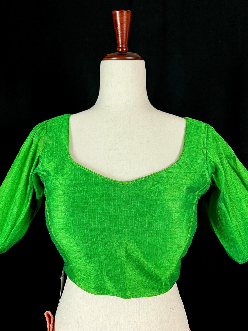 Parrot Green Raw Silk ready-to-wear blouse with plain raw silk styling — Kaash Collection