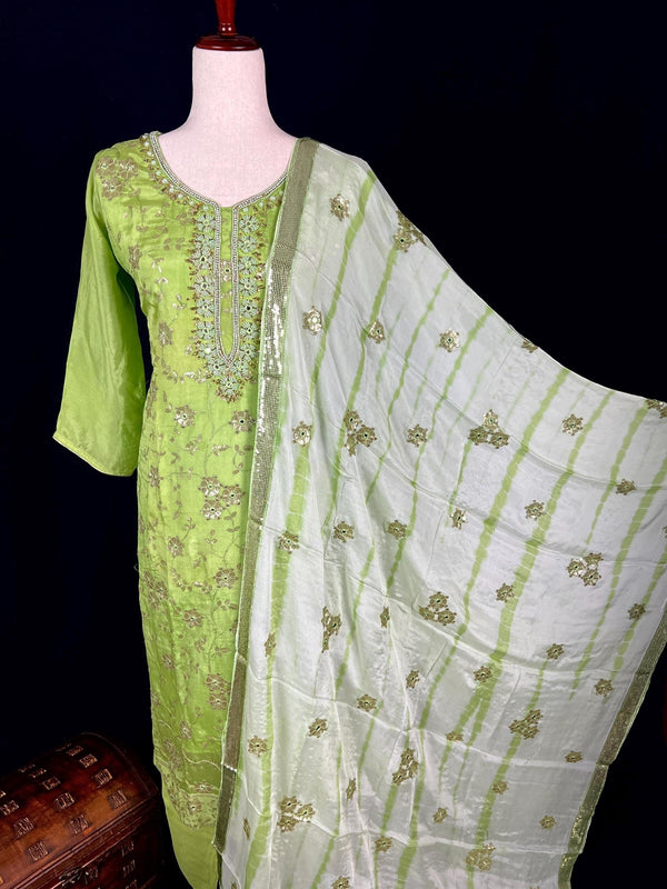 Parrot Green Designer Readymade Salwar Kameez 3pcs Suit for Women with Handwork - Kaash