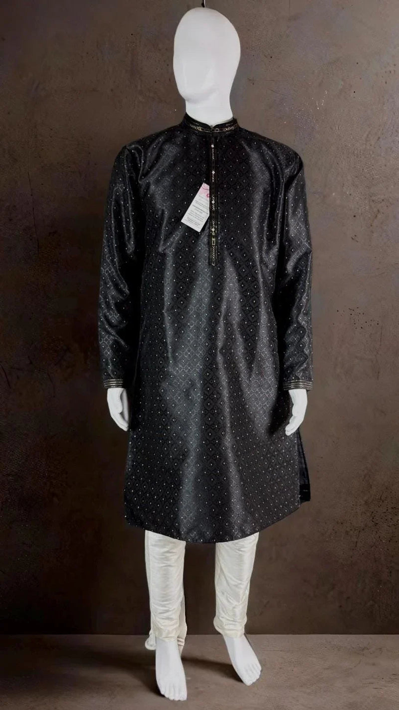 Party Wear Designer Men Kurta Set in Black Color with tiny Gold Zari Weave and Embossed Self Design in Soft Raw Silk with Cotton Lining - Kaash