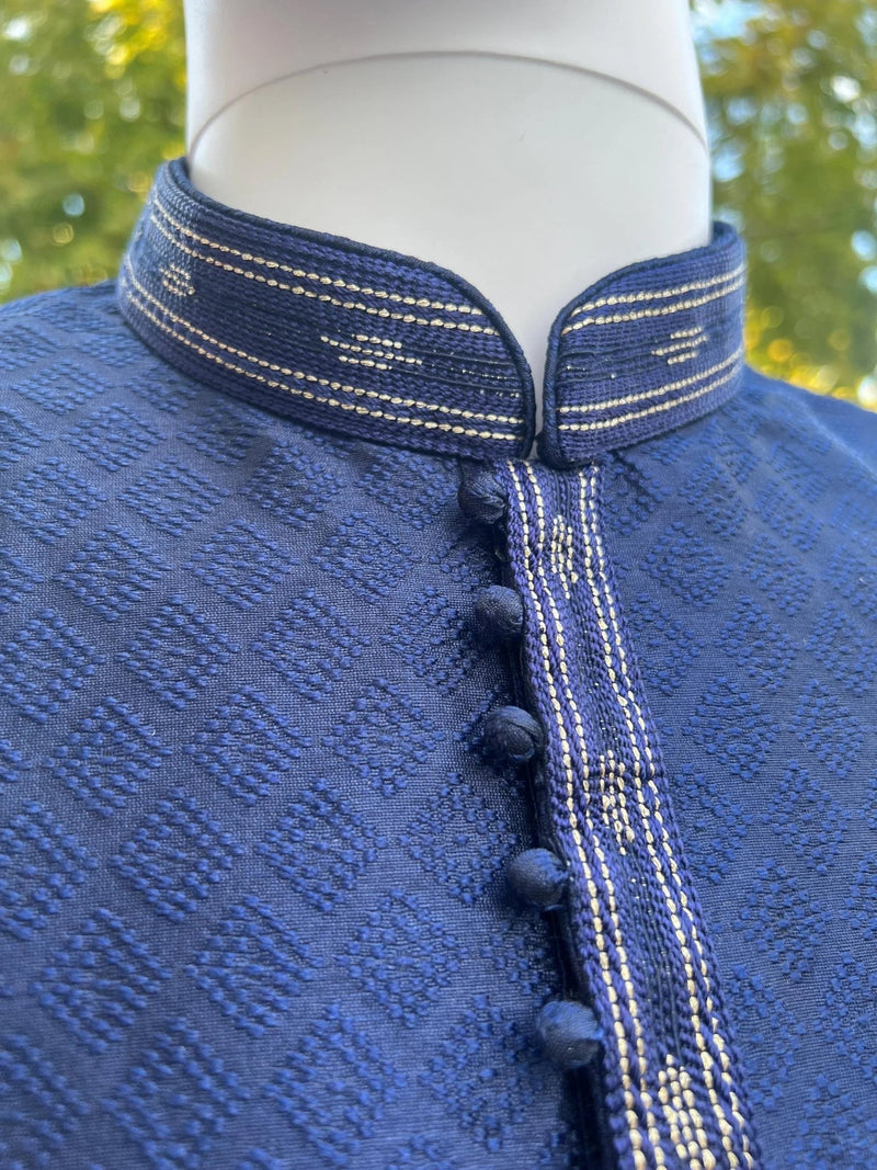 Blue (Size 38) men's kurta pajama in soft silk (non-pure) with tiny sequin with embossed self-design — Kaash Collection