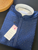 Blue men's kurta pajama in soft silk (non-pure) with tiny sequin with embossed self-design — Kaash Collection