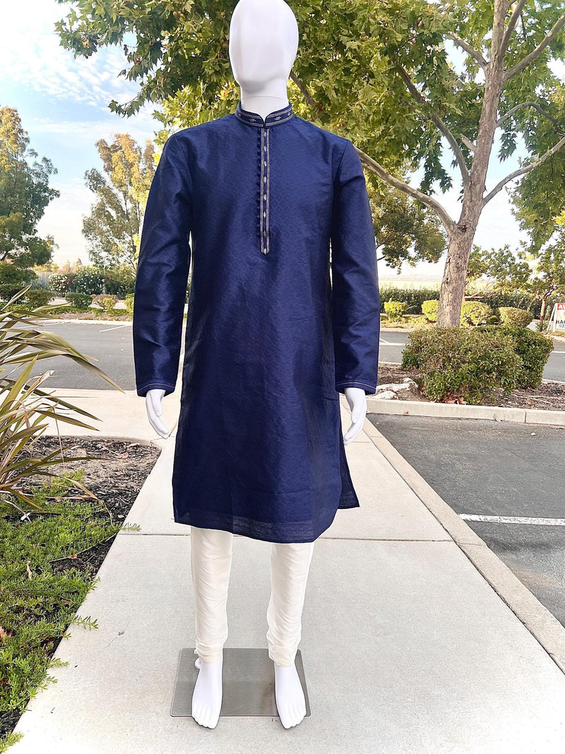 Party Wear Designer Men Kurta Set in Blue Color with tiny Sequin and Embossed Self Design in Soft Silk Material | Mens Wedding Ethnic Wear - Kaash