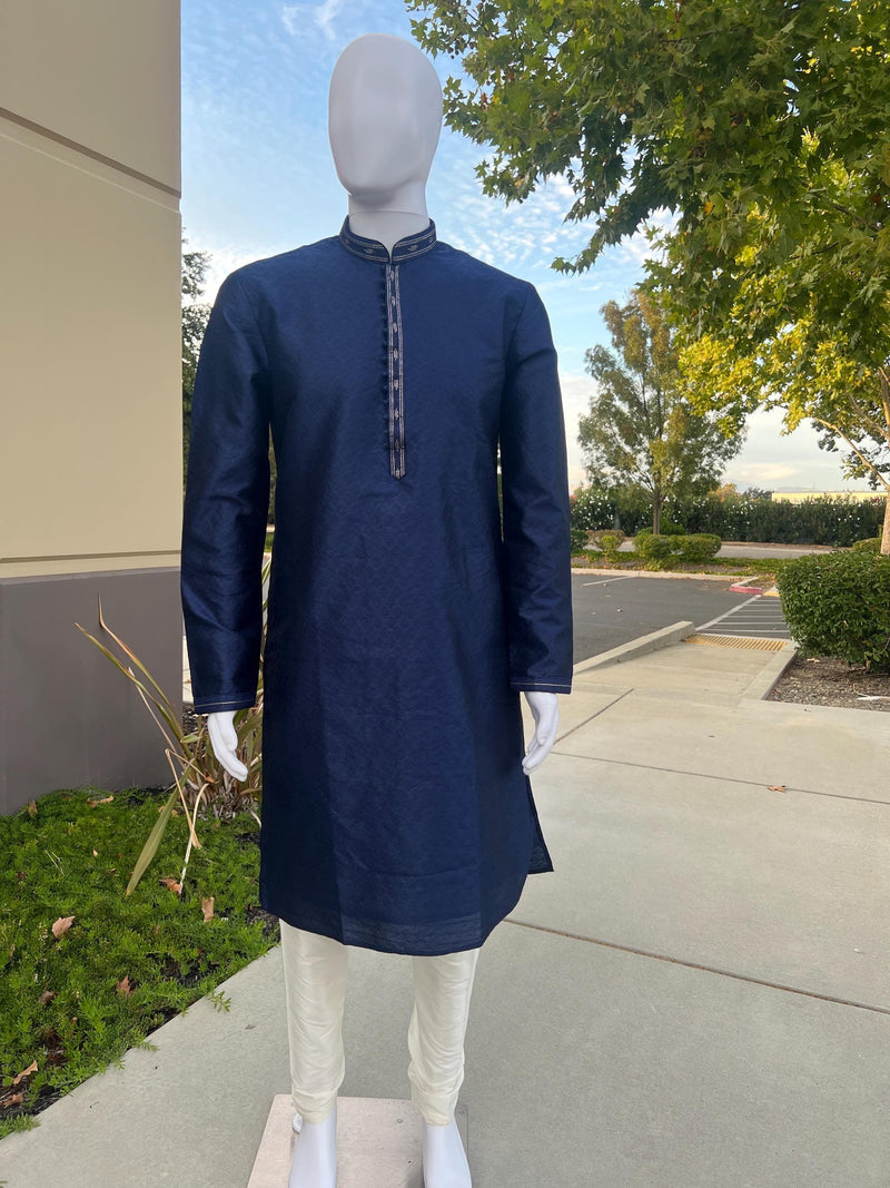 Party Wear Designer Men Kurta Set in Blue Color with tiny Sequin and Embossed Self Design in Soft Silk Material | Mens Wedding Ethnic Wear - Kaash