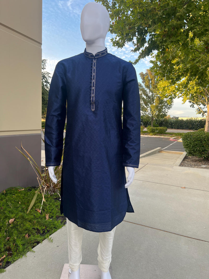 Party Wear Designer Men Kurta Set in Blue Color with tiny Sequin and Embossed Self Design in Soft Silk Material | Mens Wedding Ethnic Wear - Kaash