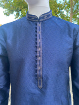 Party Wear Designer Men Kurta Set in Blue Color with tiny Sequin and Embossed Self Design in Soft Silk Material | Mens Wedding Ethnic Wear - Kaash