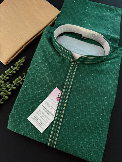 Green men's kurta pajama in soft silk (non-pure) with tiny sequin with embossed self-design — Kaash Collection