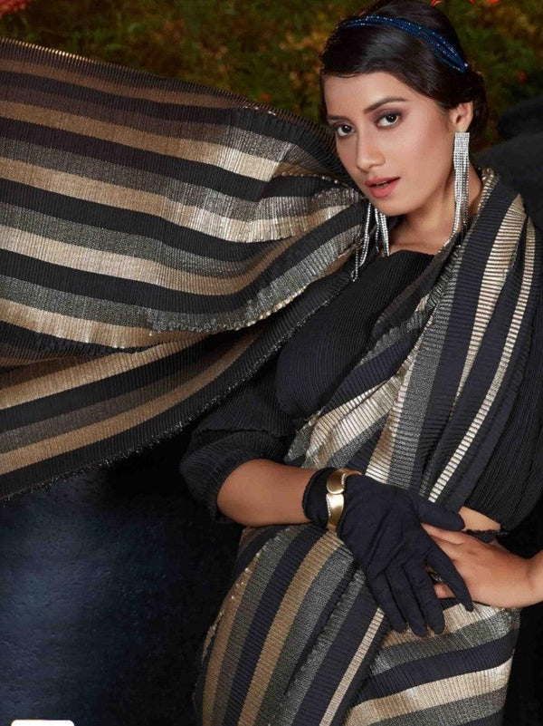 Party Wear Saree in Black, Grey and Gold Color Foil and Plitting Work | Silk Saree - Kaash