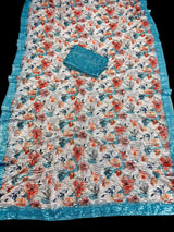 Party Wear Statement Digital Printed Floral Sequin Saree in Pearl White and Sky Blue - Kaash