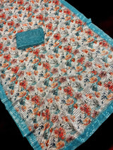 Party Wear Statement Digital Printed Floral Sequin Saree in Pearl White and Sky Blue - Kaash