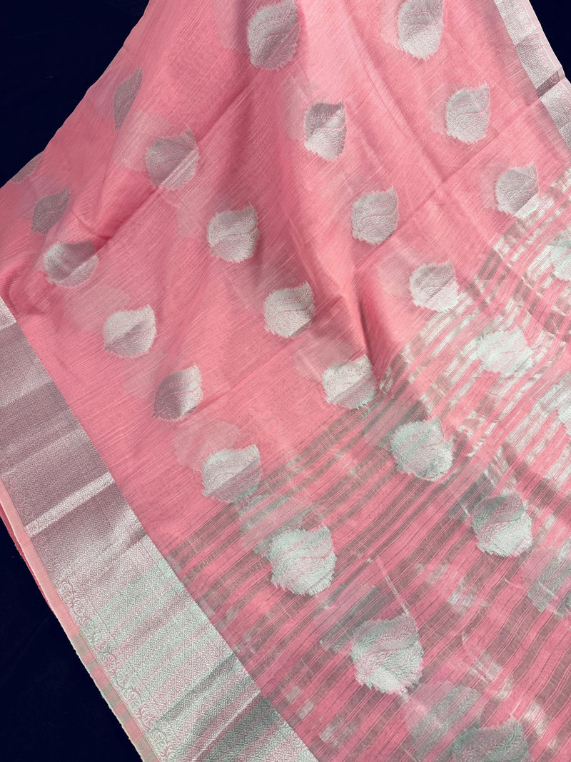 Pastel Baby Pink Color Linen Cotton Saree with Sliver Zari Weave Work | Linen Saree USA | Cotton Saree | Kaash Collection - Kaash