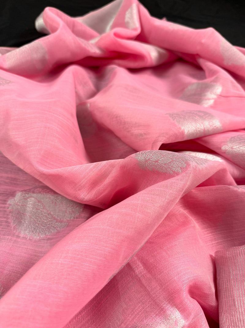 Pastel Baby Pink Color Linen Cotton Saree with Sliver Zari Weave Work | Linen Saree USA | Cotton Saree | Kaash Collection - Kaash