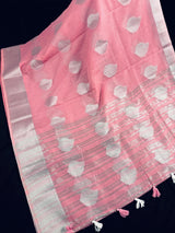 Pastel Baby Pink Color Linen Cotton Saree with Sliver Zari Weave Work | Linen Saree USA | Cotton Saree | Kaash Collection - Kaash