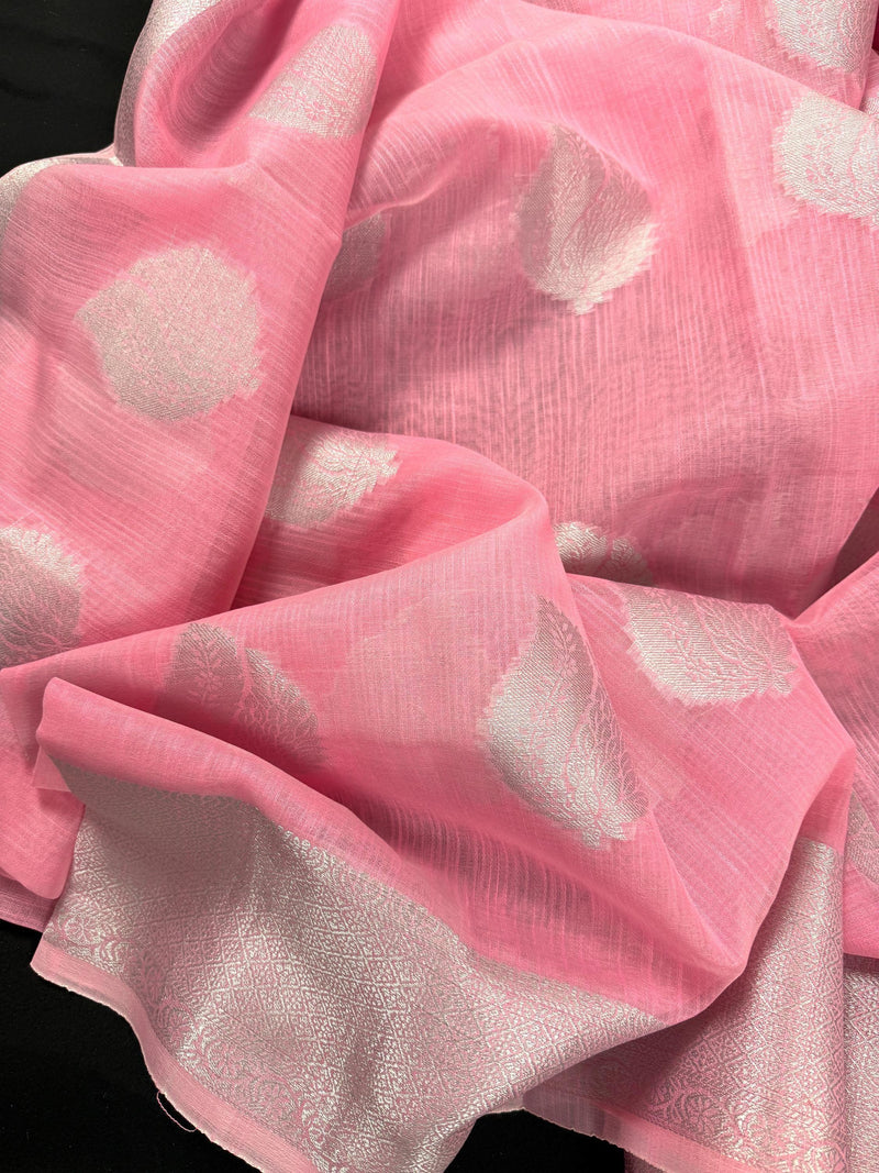 Pastel Baby Pink Color Linen Cotton Saree with Sliver Zari Weave Work | Linen Saree USA | Cotton Saree | Kaash Collection - Kaash