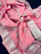 Pastel Baby Pink Color Linen Cotton Saree with Sliver Zari Weave Work | Linen Saree USA | Cotton Saree | Kaash Collection - Kaash