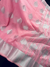 Pastel Baby Pink Color Linen Cotton Saree with Sliver Zari Weave Work | Linen Saree USA | Cotton Saree | Kaash Collection - Kaash