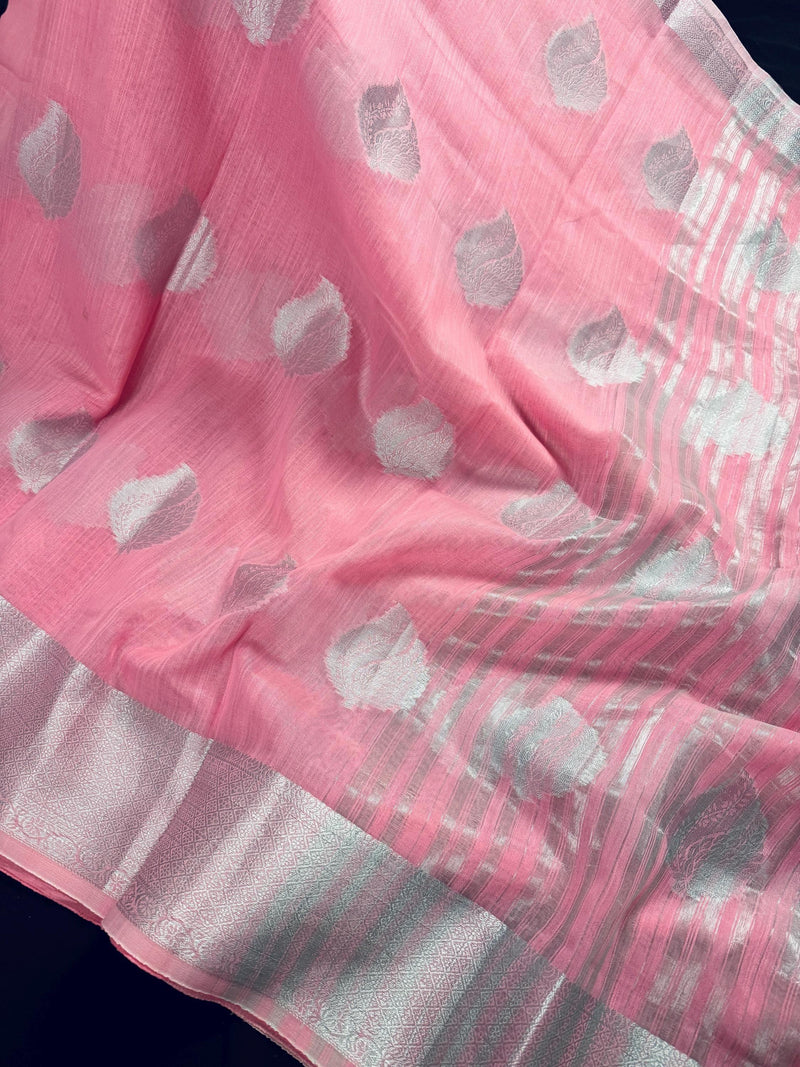 Pastel Baby Pink Color Linen Cotton Saree with Sliver Zari Weave Work | Linen Saree USA | Cotton Saree | Kaash Collection - Kaash