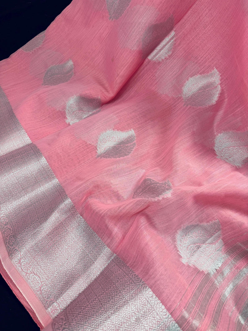 Pastel Baby Pink Color Linen Cotton Saree with Sliver Zari Weave Work | Linen Saree USA | Cotton Saree | Kaash Collection - Kaash