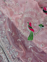 Pastel Baby Pink tissue net dupatta with silver zari & parrot motifs — Kaash Collection